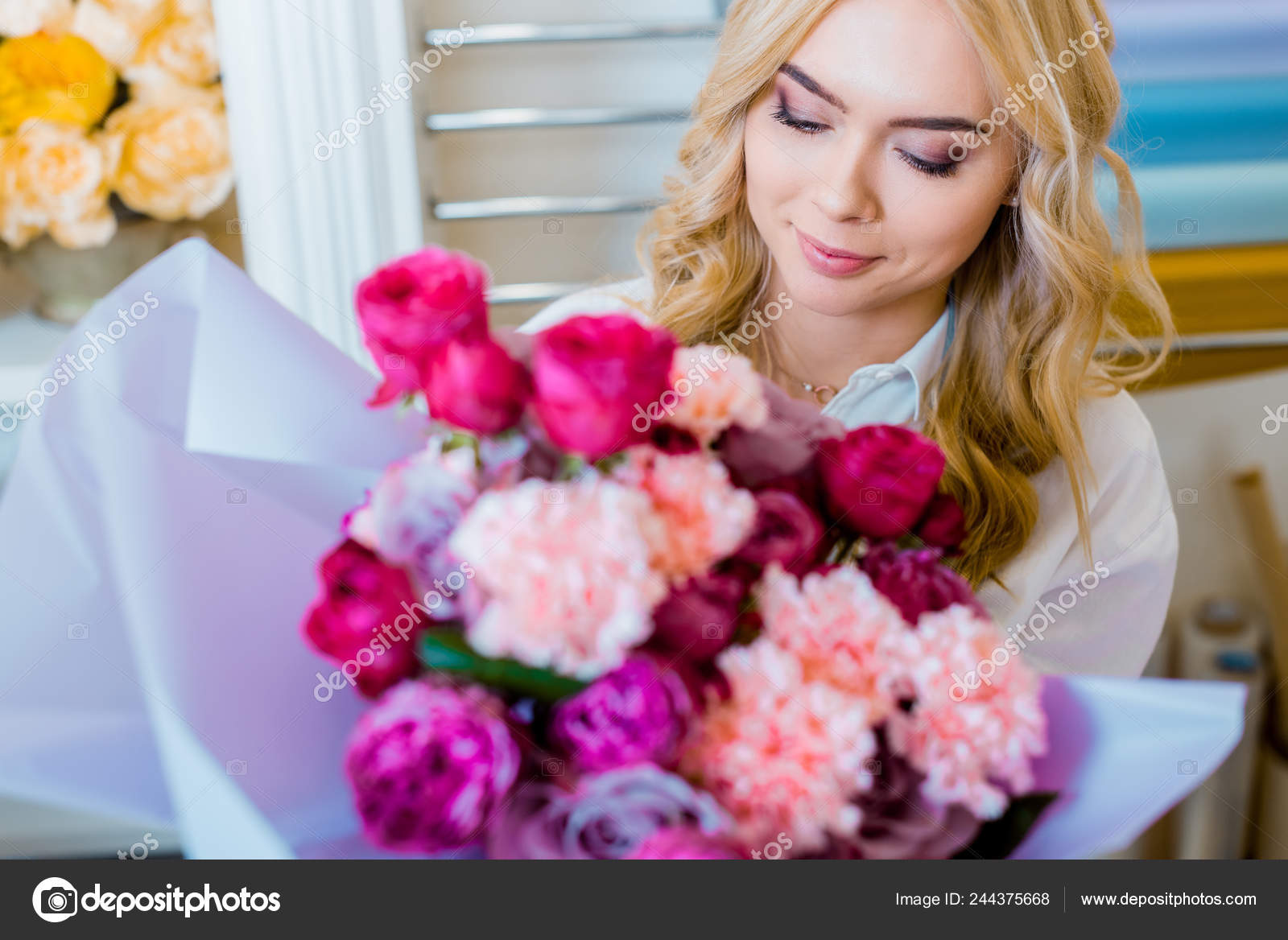 Beautiful Woman Holding Flower Bouquet Roses Carnations Stock